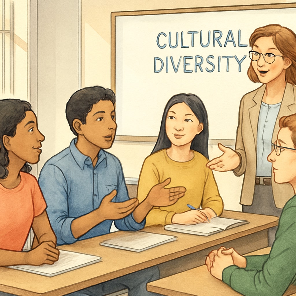 Students and teacher discussing cultural diversity in class.