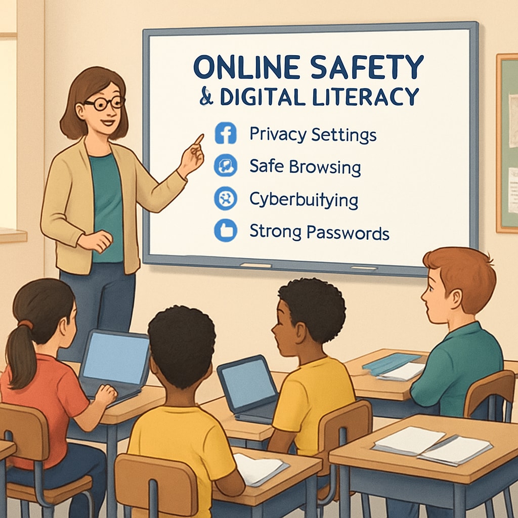 A classroom setting where students are being taught online safety and digital literacy. Students learning digital literacy and online safety in a classroom setting.