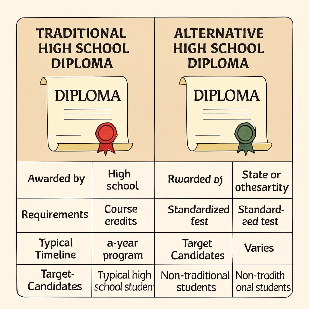 A comparison chart showing the differences between traditional and alternative high school diplomas. A chart comparing traditional and alternative diplomas, highlighting key contrasts.