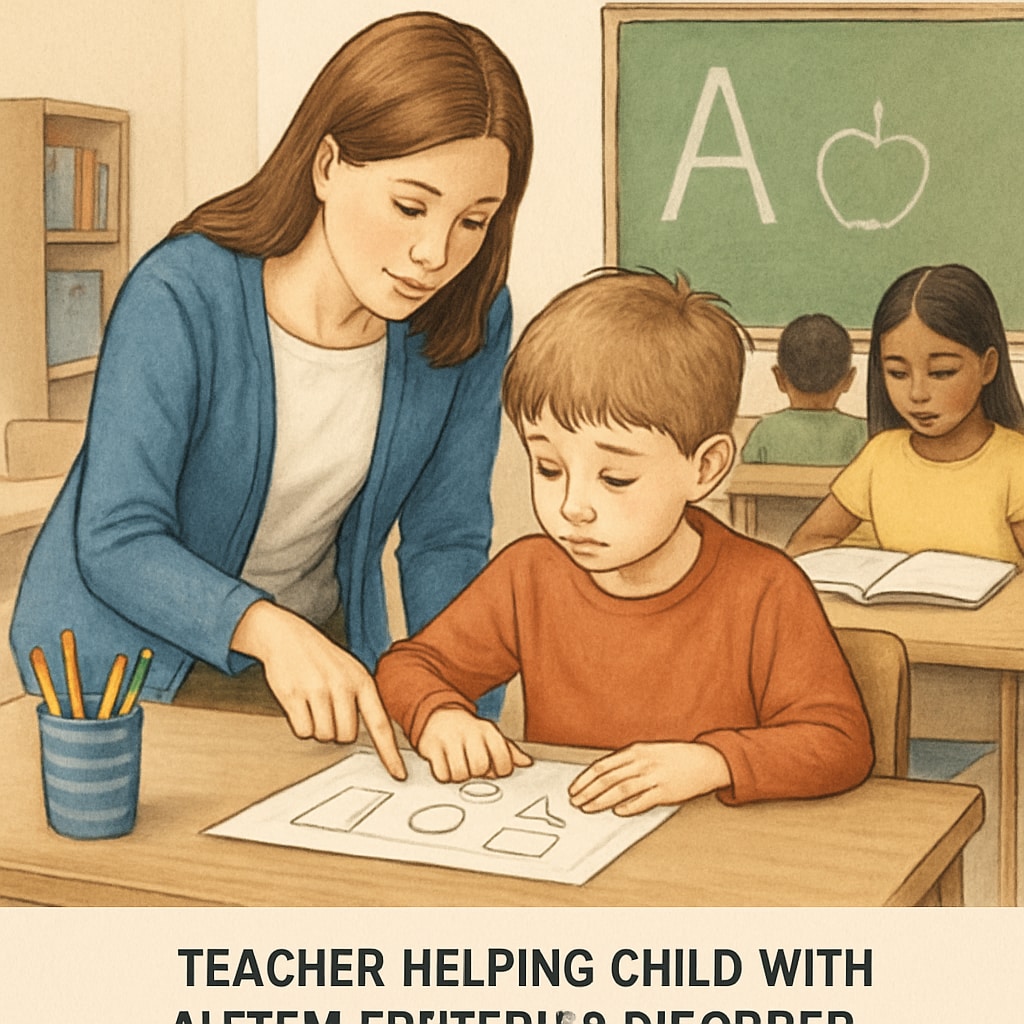 A classroom setting showcasing a teacher assisting a child with autism spectrum disorder during a learning activity. Teacher helping a child with autism spectrum disorder in a classroom activity.