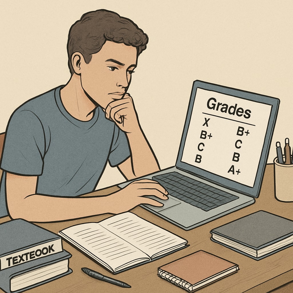 College student reviewing grades, connected to GPA and grading systems.