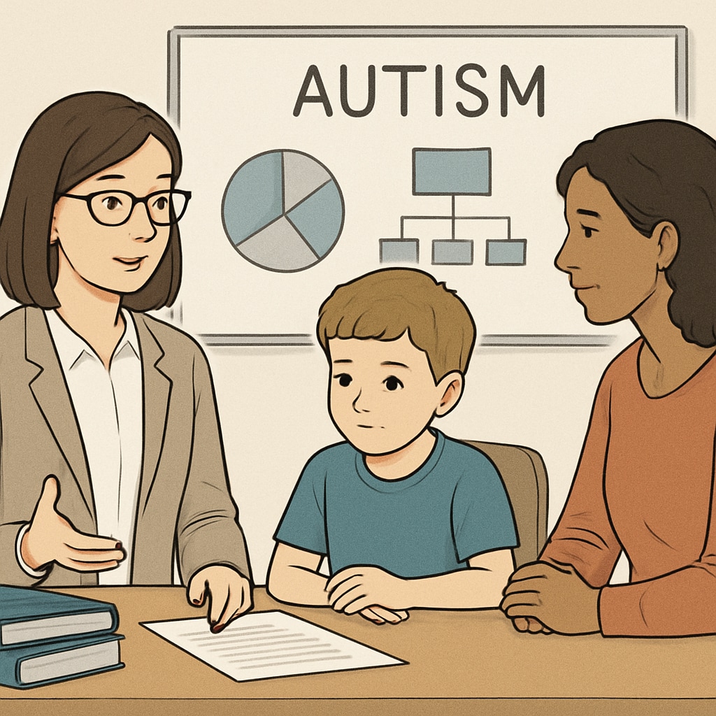 A meeting room with a teacher, parent, and child discussing progress and strategies for autism spectrum education. Parent-teacher meeting discussing autism spectrum-related education progress.