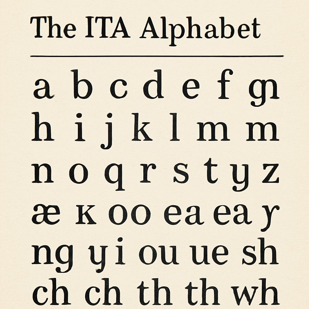 A scanned ITA teaching manual from the 70s, showcasing its unique 44-character alphabet. ITA teaching manual with 44-character alphabet from the 70s.