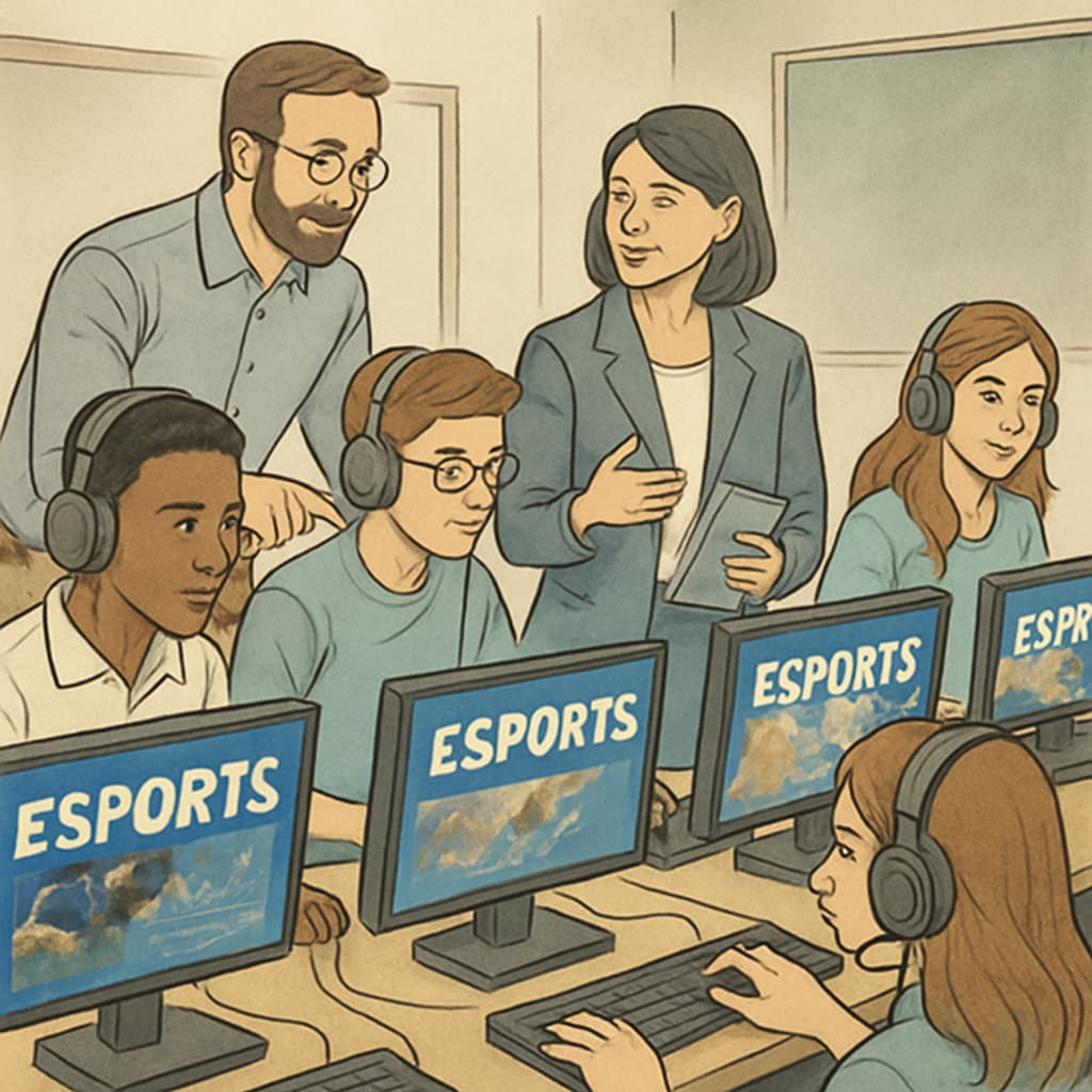 A classroom of students engaged in an esports tournament, with teachers supervising and discussing strategies. This image represents the integration of esports into K12 education. Students participating in an esports tournament with educational components.