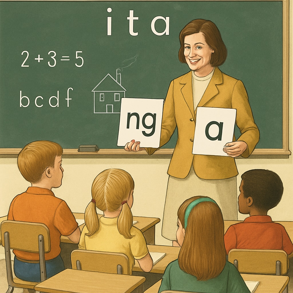 A classroom in the 70s with a teacher using ITA flashcards to teach students. 70s classroom with ITA flashcards for teaching.