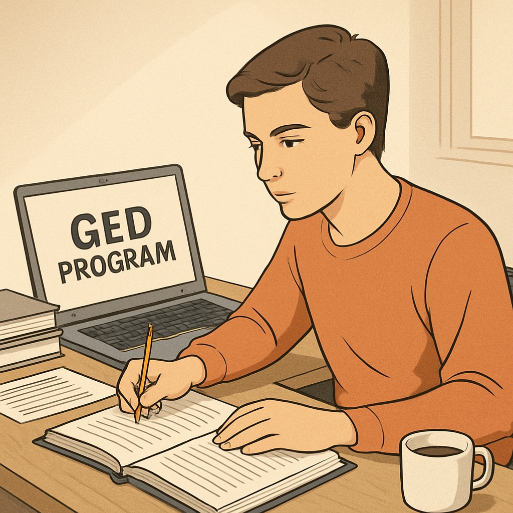 A student sitting at a desk with a laptop, studying for an online GED program. A student studying for an online GED program.