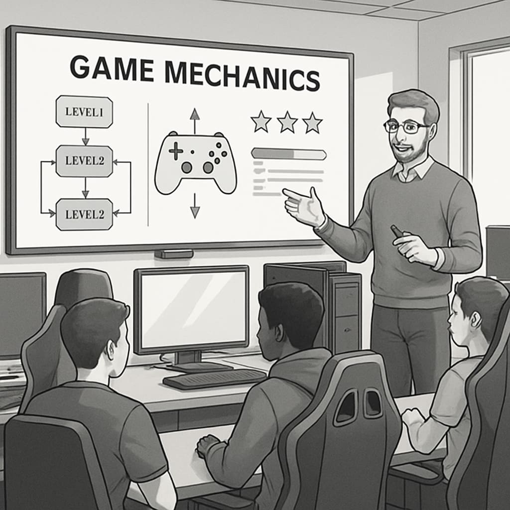A teacher explaining game mechanics to students in a modern classroom equipped with esports gaming setups. This image highlights the gamified learning approach. Teacher guiding students in a gamified learning environment with esports setups.