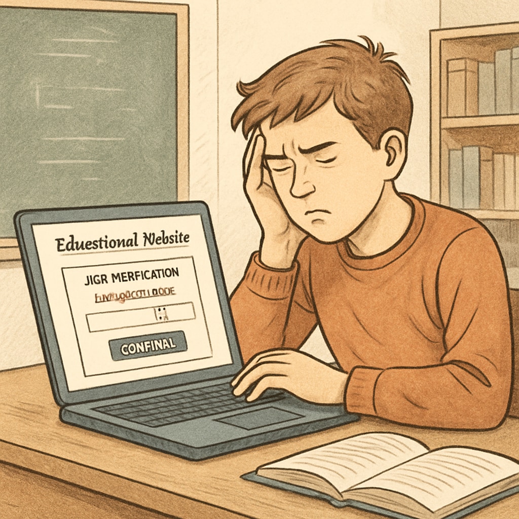 A student struggling to access an educational website due to age verification requirements; the image captures frustration and highlights the impact of digital regulations on education. Student facing barriers due to age verification laws while using an educational website