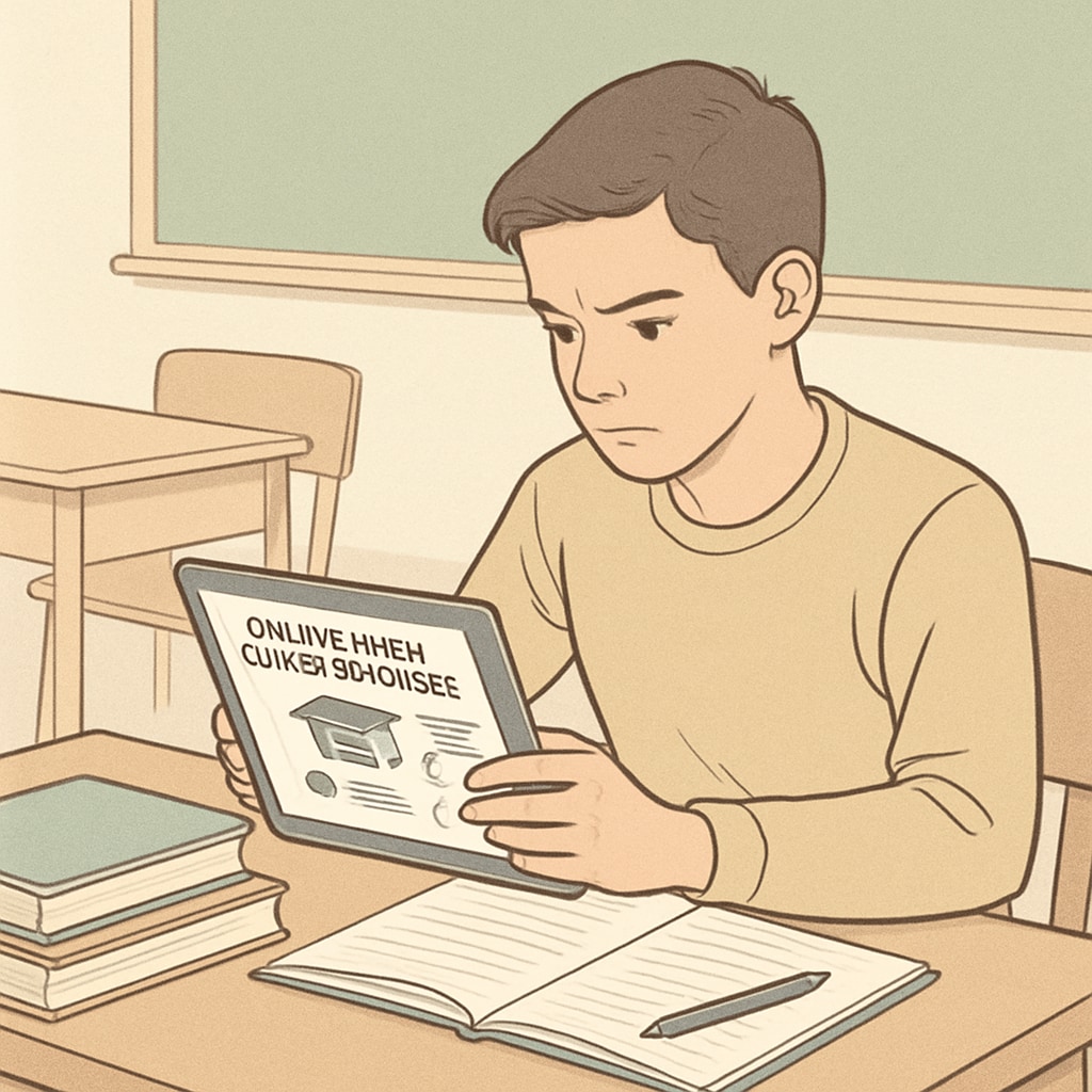 A focused student using a tablet to access online high school courses. A student accessing online high school courses.