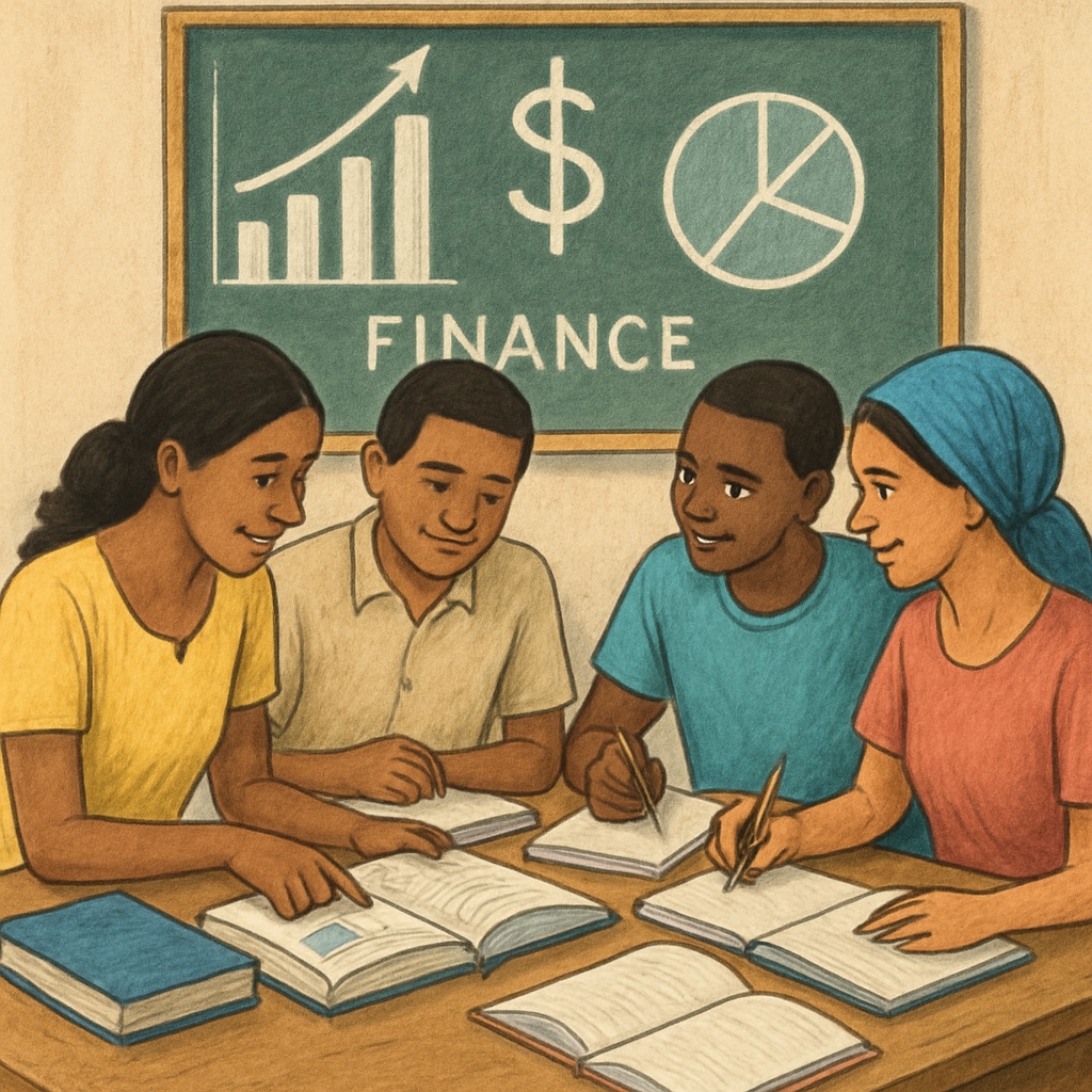 A group of students in a classroom in a developing country, engaging in finance-related studies. Finance students in a developing nation classroom discussing career planning, finance education, and international development.