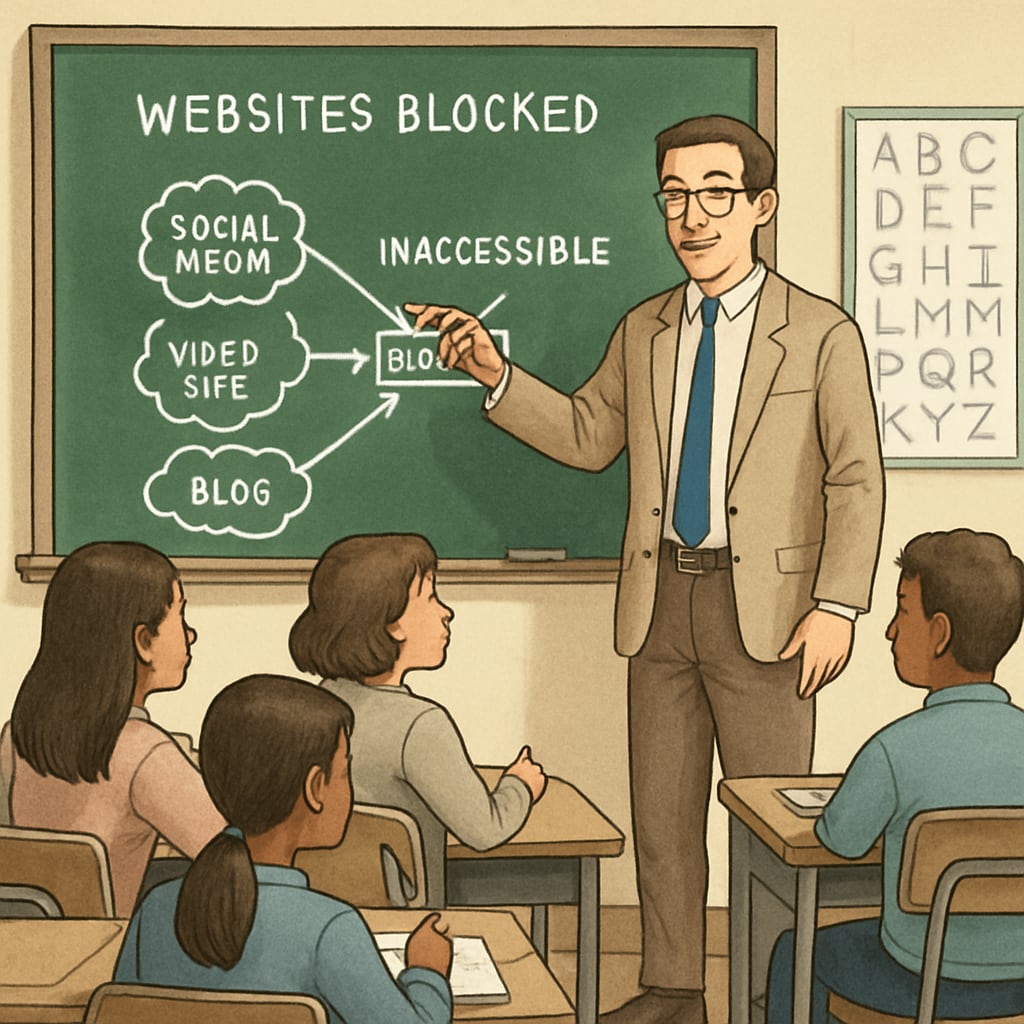 A teacher explaining to students why certain websites are now inaccessible; the image emphasizes the challenges educators face in the digital landscape. Teacher addressing students about website restrictions caused by age verification laws