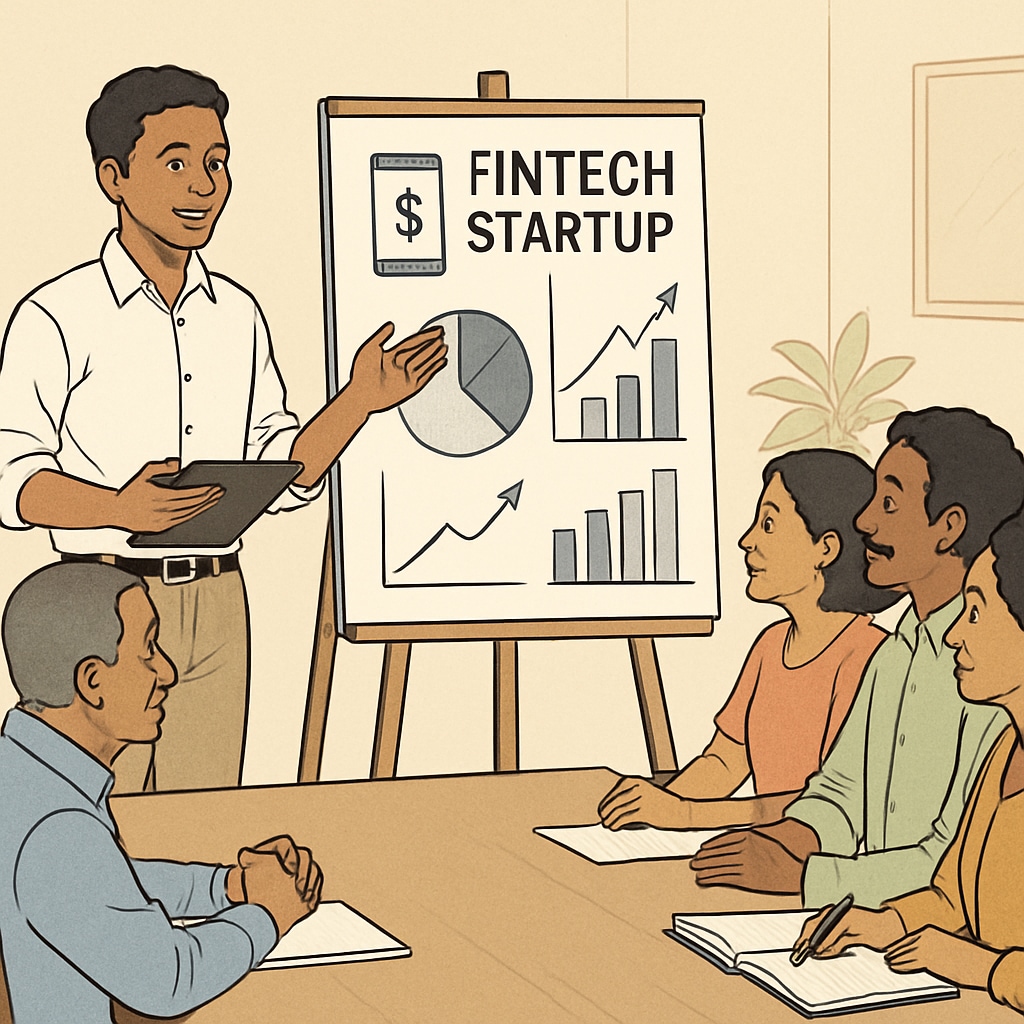 A young entrepreneur in a developing country presenting a fintech startup idea to local investors. Entrepreneur in a developing nation pitching a fintech innovation for career planning, finance education, and international development.