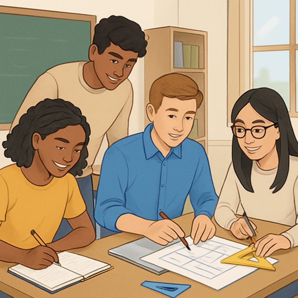 Students collaborating in a group project, focusing on skills instead of university labels.