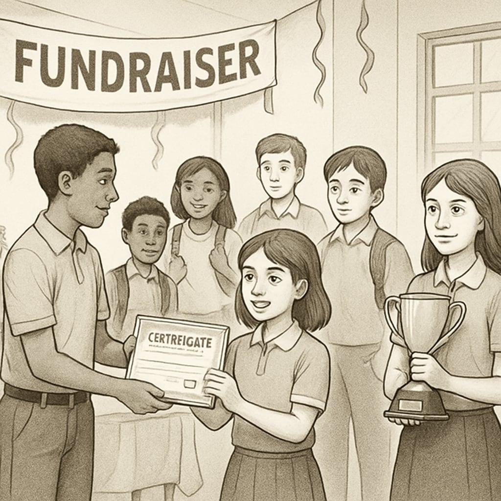 A group of students at a school fundraising event, with some visibly receiving high-tier rewards while others look on. Students at a school fundraising event highlighting reward disparities.