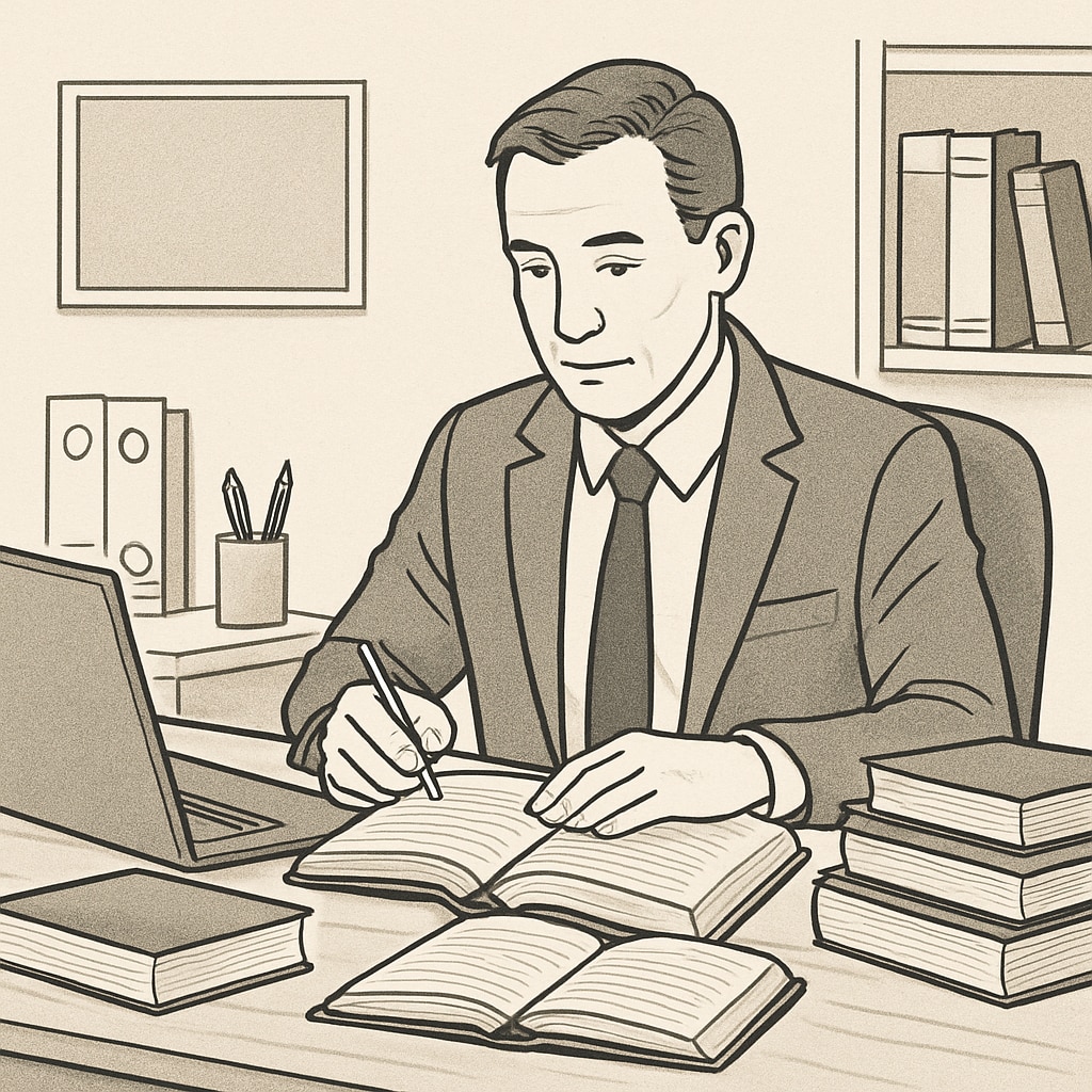 A mid-career professional studying at a desk with a laptop and books, reflecting the challenges of balancing work and education. A professional balancing work and education with a laptop and books.