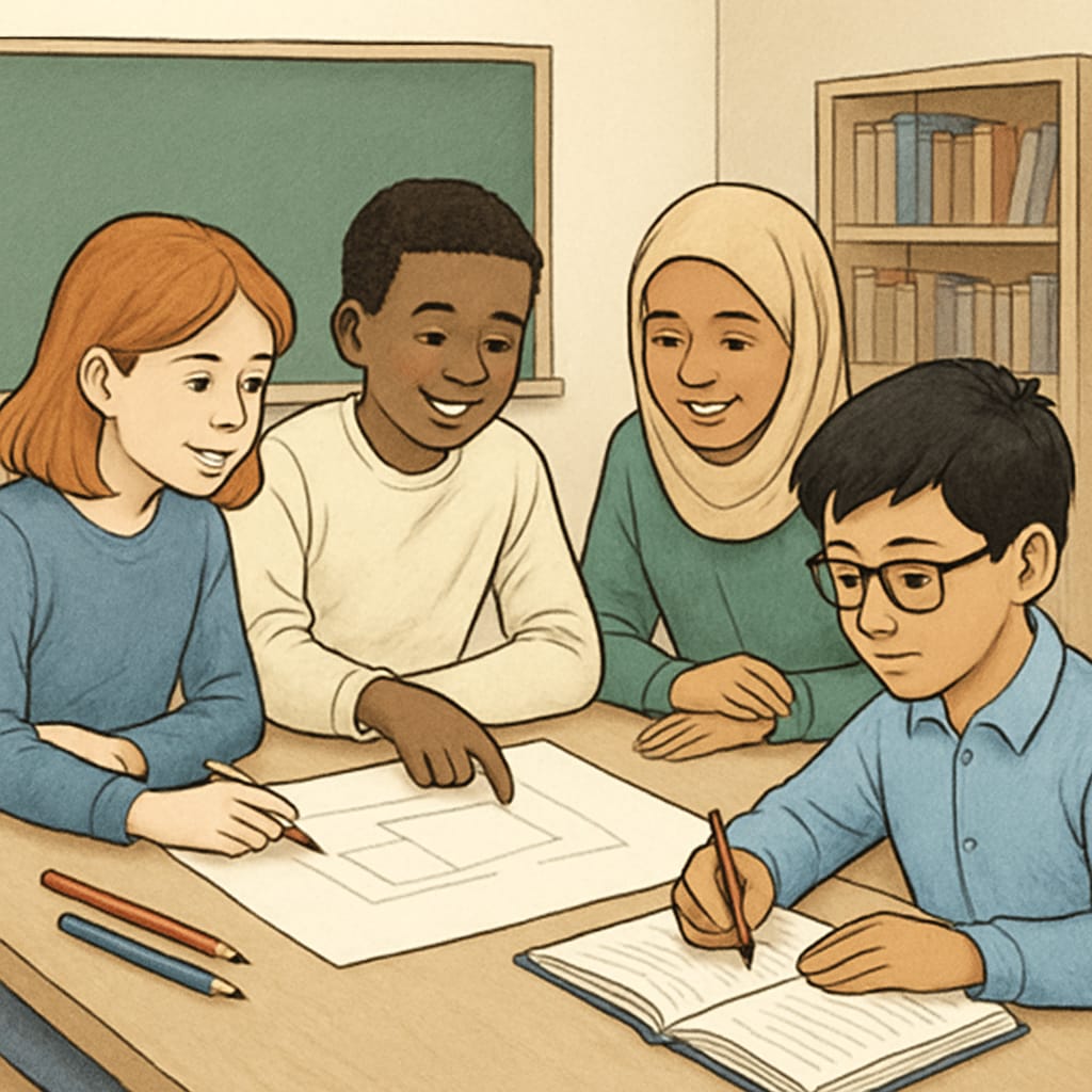 A diverse classroom with students working together, highlighting inclusivity and collaboration. Inclusive classroom environment promoting teamwork and equity.