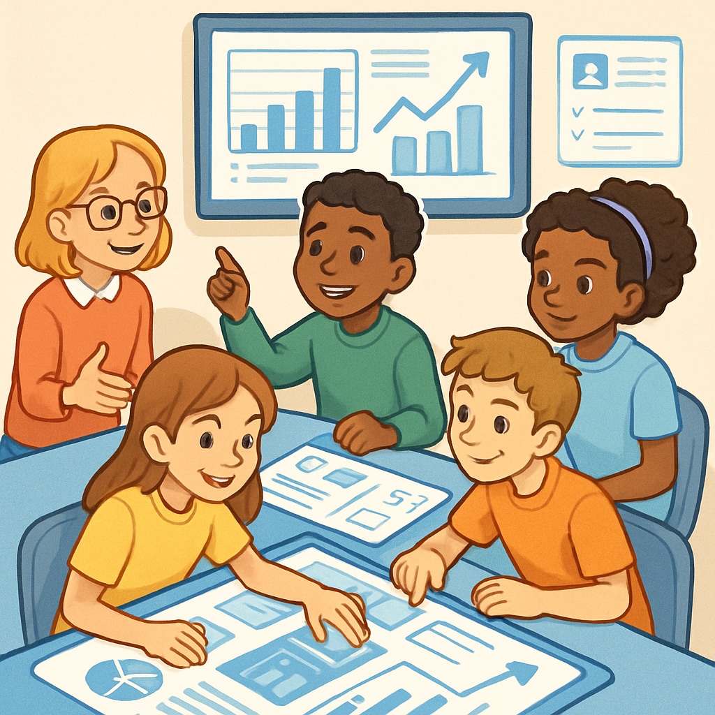 Children learning business basics in a virtual workshop, teamwork and problem-solving emphasized.