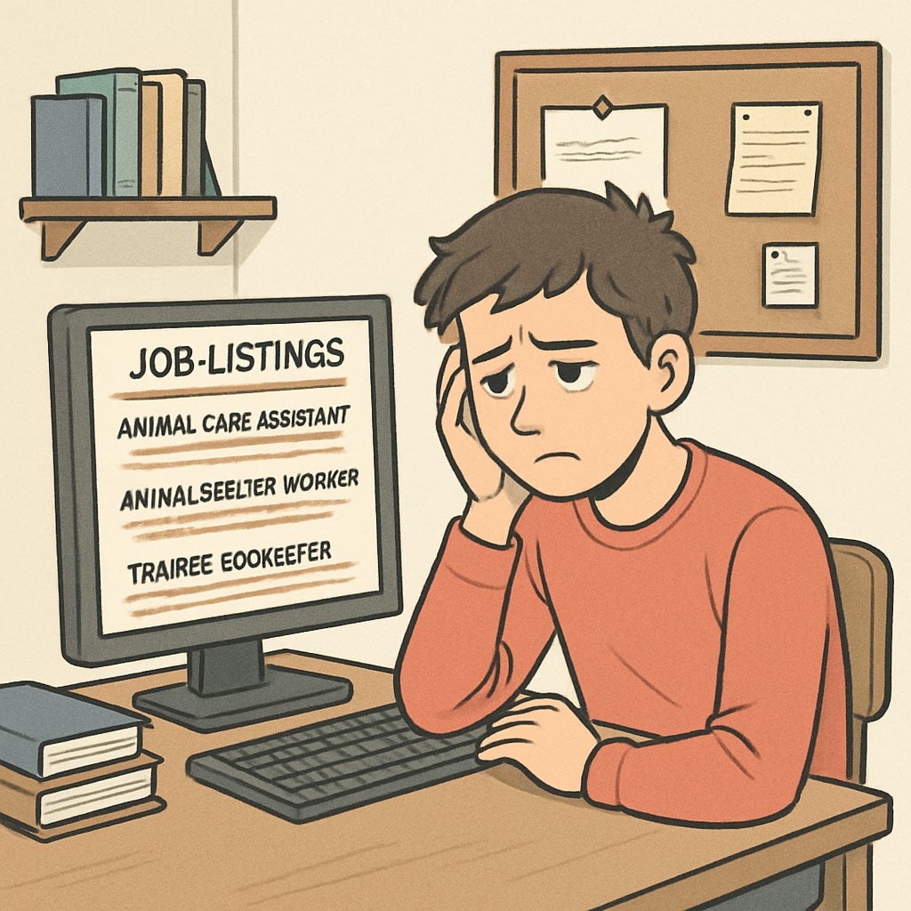 Young person frustrated over job listings in animal work due to GCSE barriers.