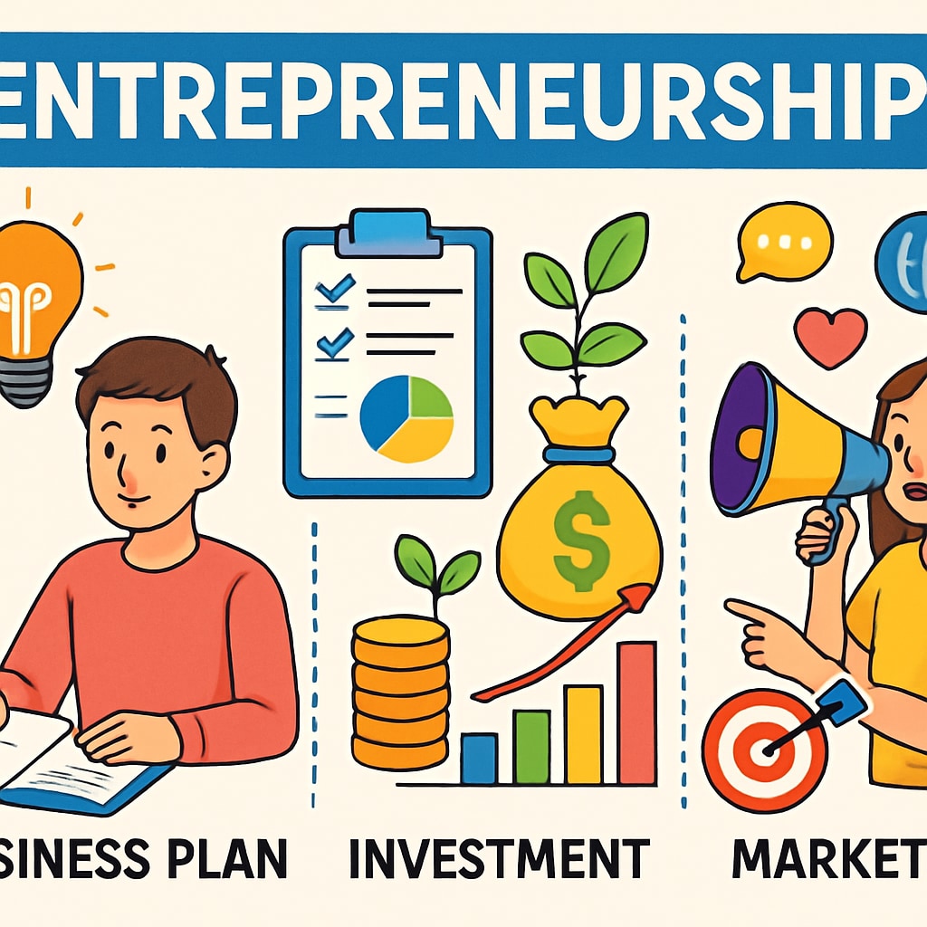 Infographic explaining entrepreneurship, investment, and marketing basics for kids aged 8–14.