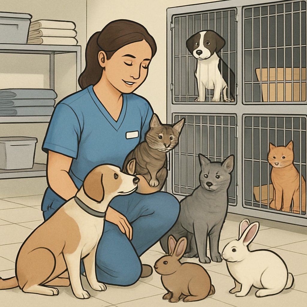 Animal shelter worker engaging with animals, representing vocational opportunities.