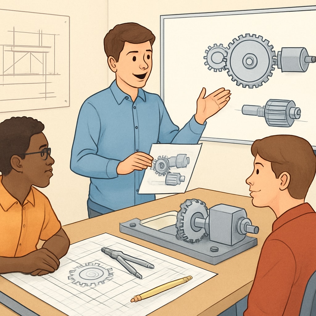 A student working on an engineering project while explaining it to peers, highlighting the intersection of education and engineering. Student demonstrating an engineering project while teaching peers.