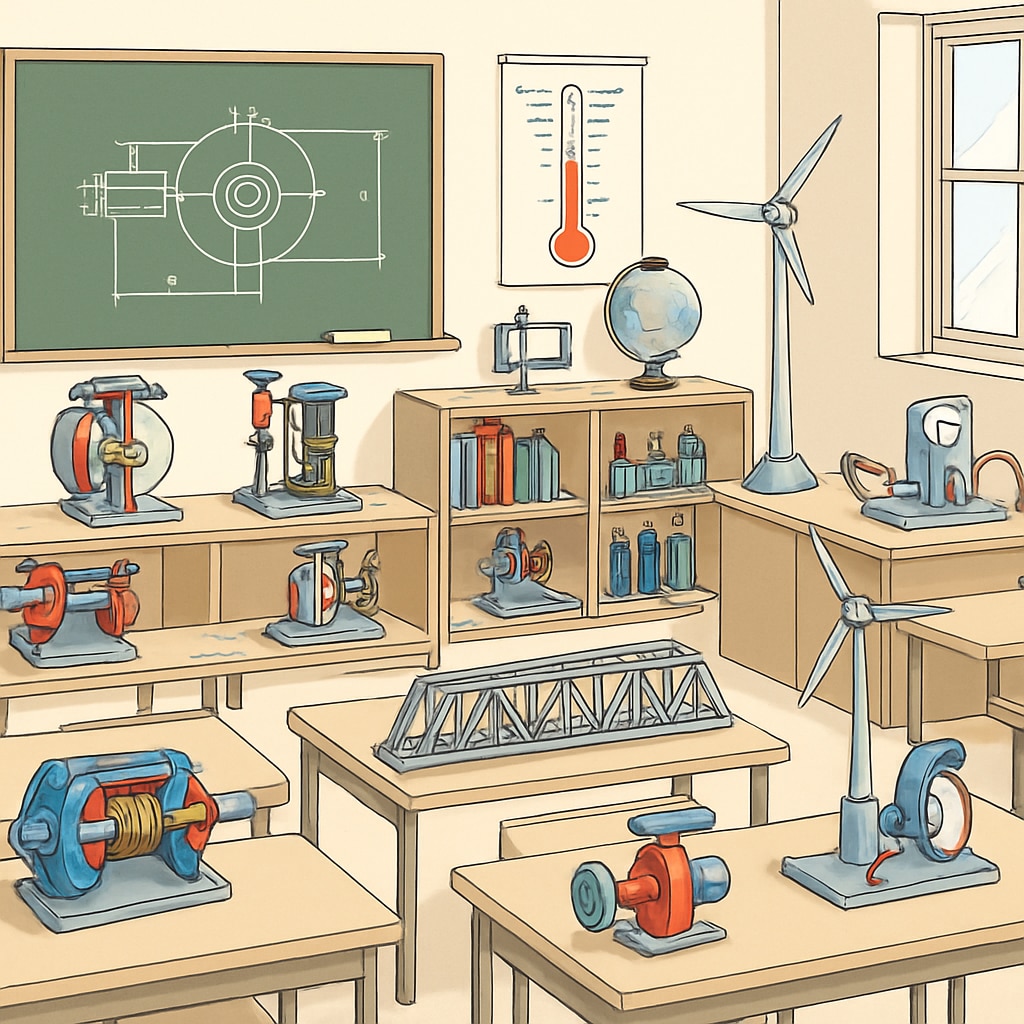 A classroom equipped with engineering models and teaching aids, showing a blend of technical and educational tools. Classroom featuring engineering models and educational tools.