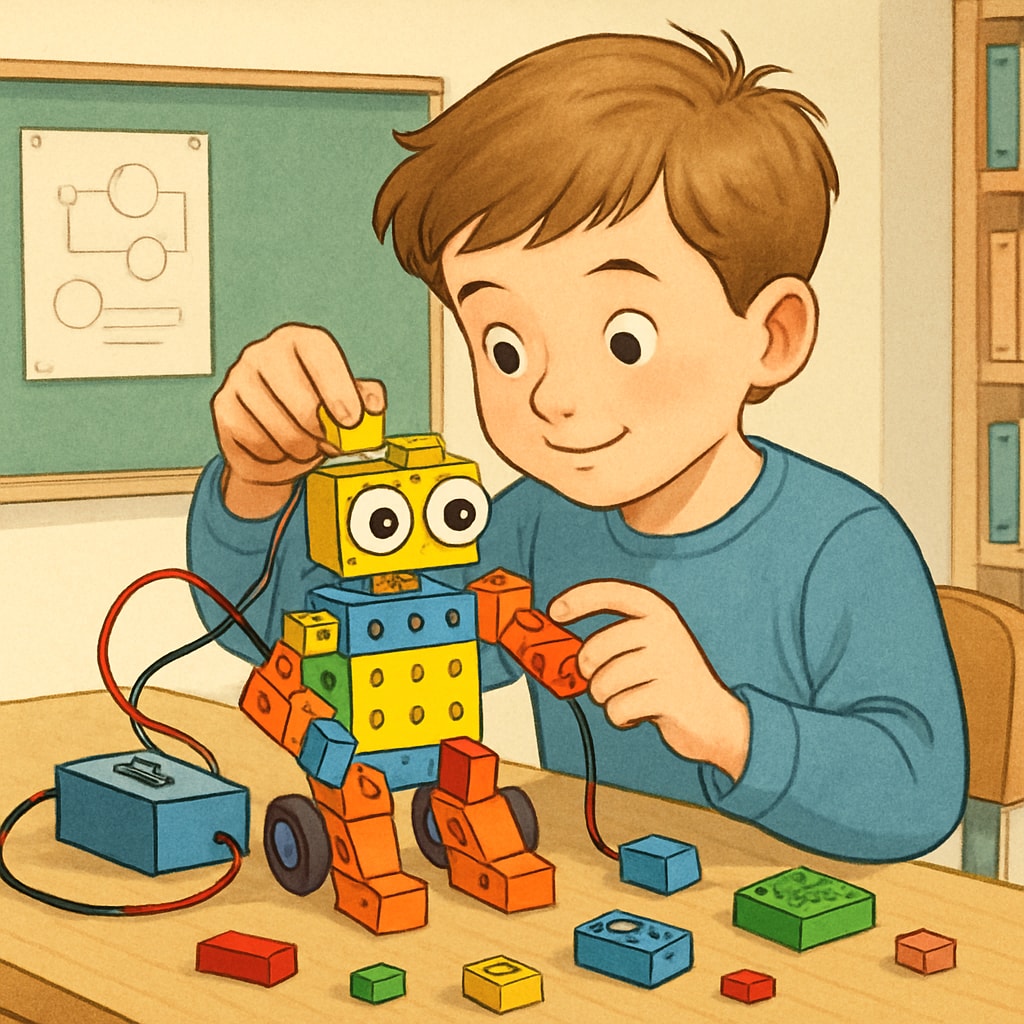 A young child enthusiastically building a robot using colorful blocks and wires, symbolizing hands-on learning. A four-year-old engaged in hands-on learning by constructing a robot, representing creativity and early education.