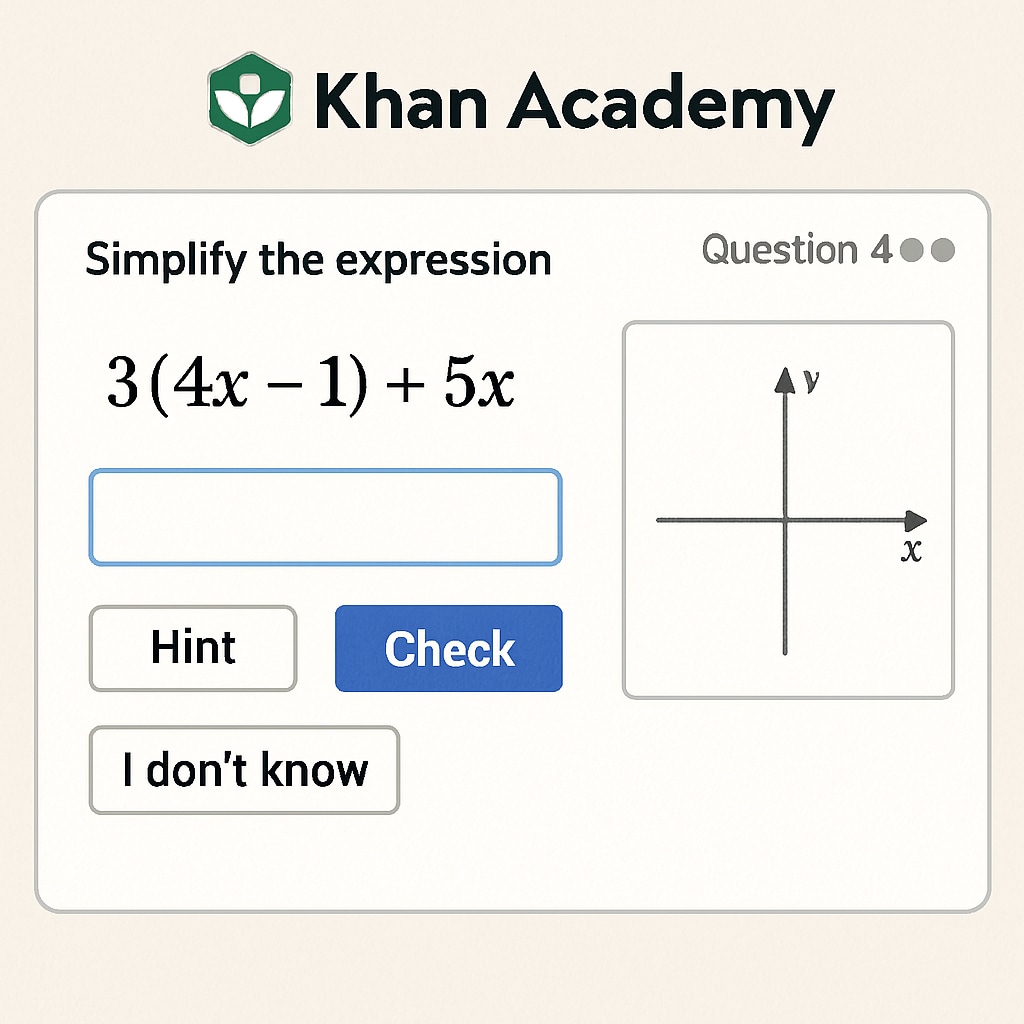A screenshot of Khan Academy's math tutorial interface showing interactive exercises. Interactive math tutorial interface for adult learners on Khan Academy.