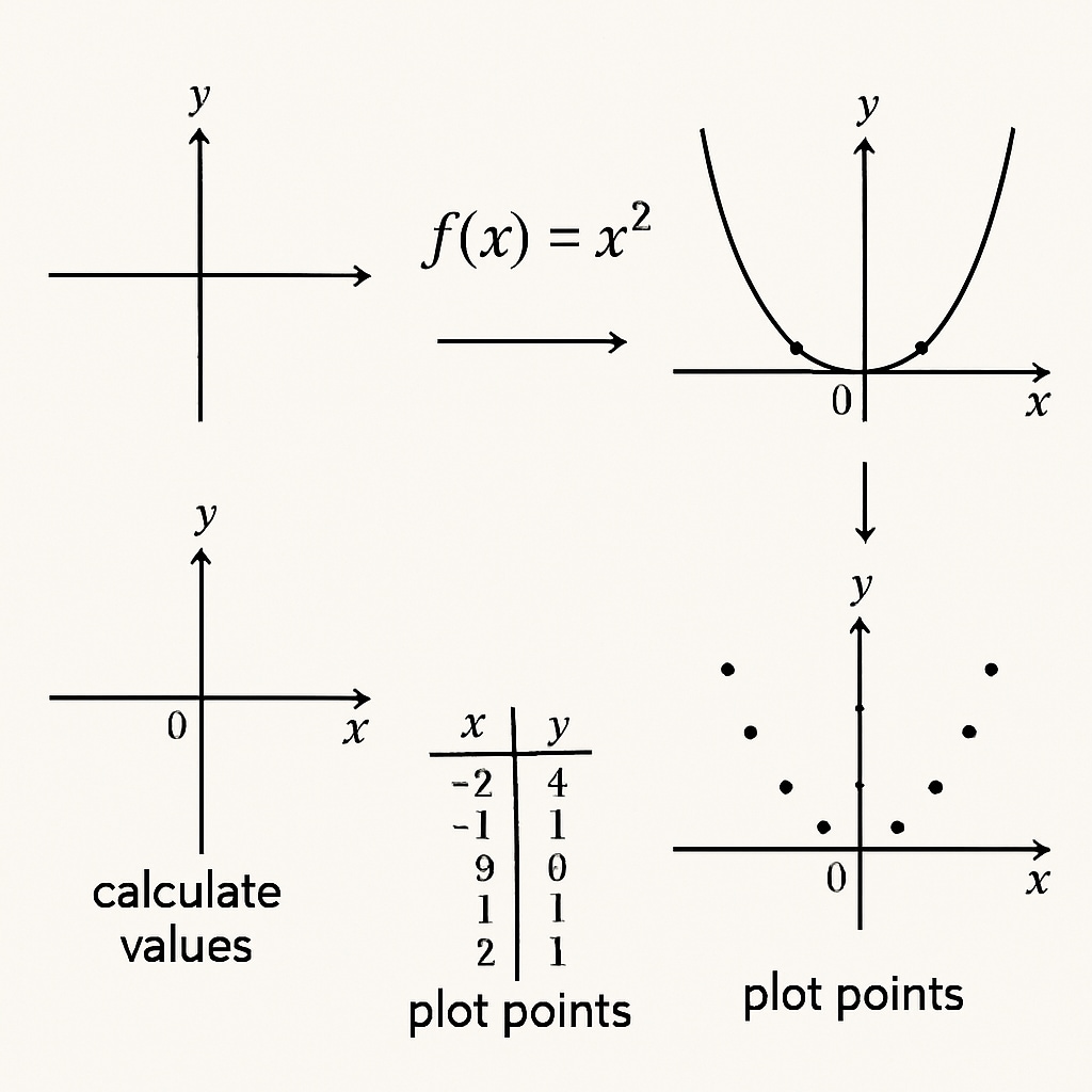 A visual diagram showing how a mathematical formula transforms into graphical representation. Visual representation of math concepts for visual learners.