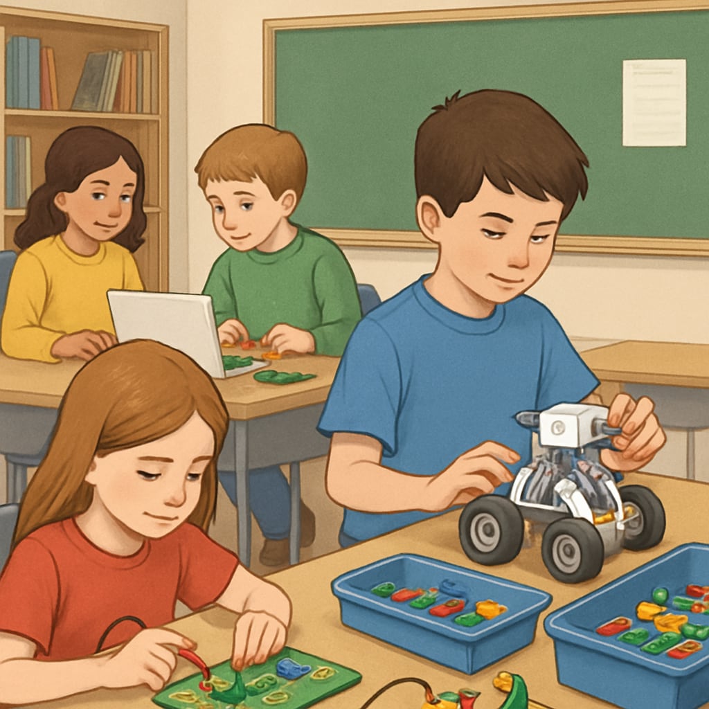 A classroom setting where children are actively experimenting with STEM kits, such as Lego robotics and simple circuit boards. Children exploring STEM activities like robotics and circuits, showcasing alternative education for hands-on learners.