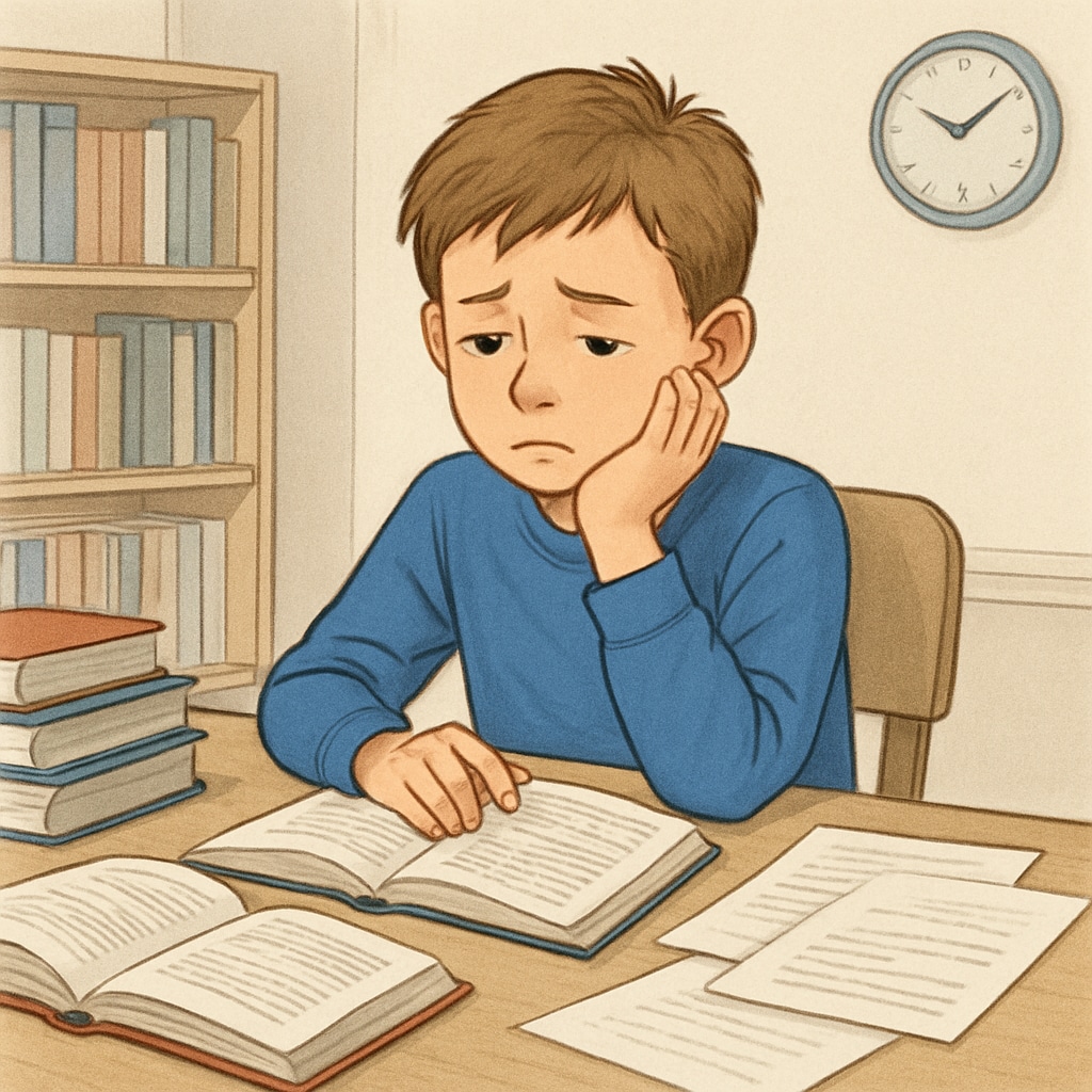 A young boy sitting at a desk, looking discouraged while attempting to study. This image highlights the struggle many adolescents face with academic motivation. Seventh-grade boy struggling with academic motivation