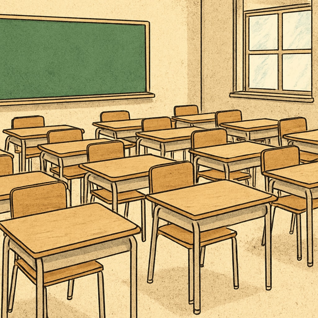 A classroom with empty desks, illustrating the potential teacher shortage exacerbated by the new policy. Empty classroom desks representing a potential teacher shortage in Oklahoma.