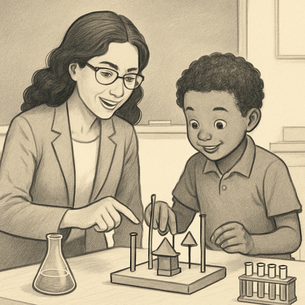 A teacher and a young student working together on a hands-on science project. This image emphasizes the importance of engaging, interest-based learning. Teacher guiding a student through a hands-on learning project