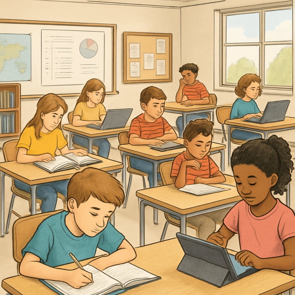 A busy K12 classroom with students using a mix of digital and traditional tools, illustrating the challenges of engagement and resource diversity. K12 classroom highlighting students and teachers interacting with digital and traditional tools.