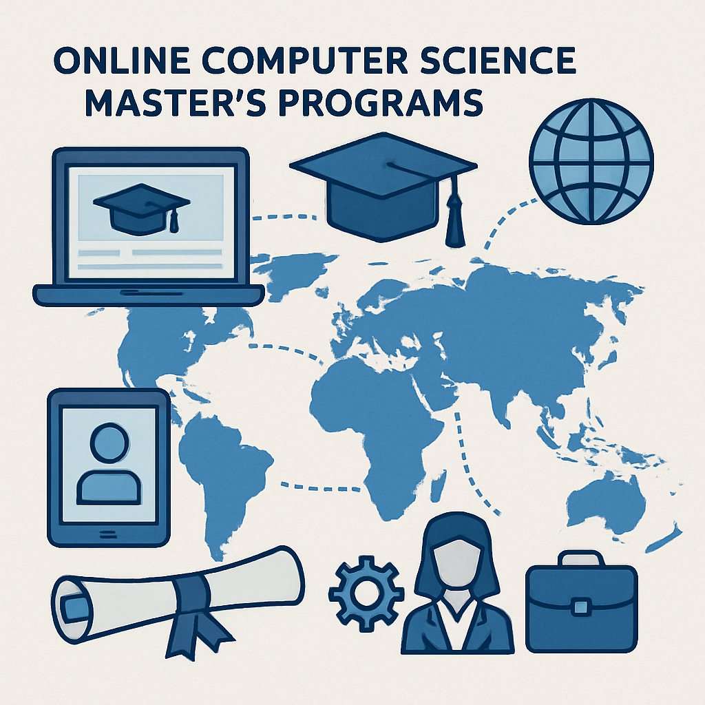 Visual showcasing career benefits and global recognition of online computer science master's programs for educators.