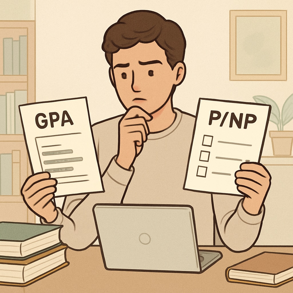 A university student reviewing two grading choices, symbolizing the GPA versus P/NP dilemma. A student contemplating GPA and P/NP grading options for better career impact