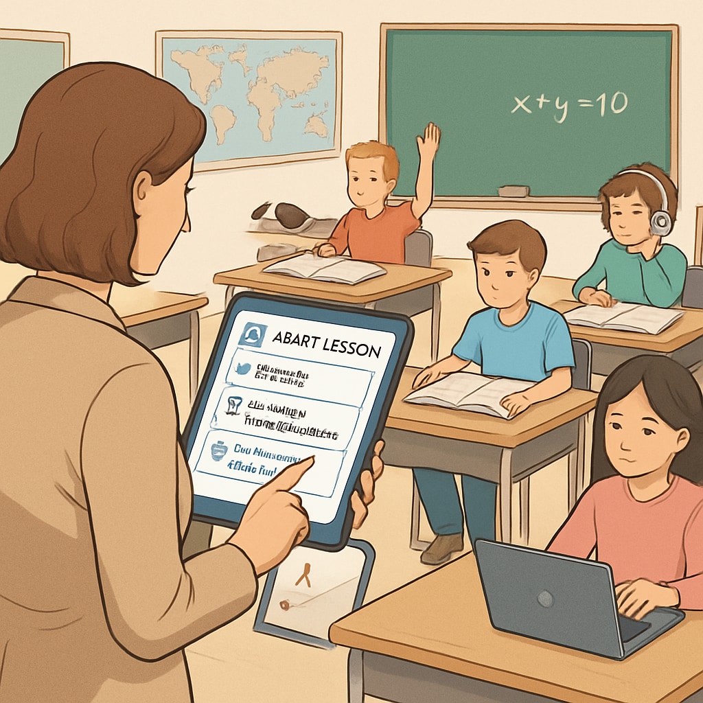 A conceptual image of a teacher using an AI-powered tool to adapt lesson content for diverse student needs in a classroom setting. Teacher using AI-powered tool for personalized education in K12 classroom.