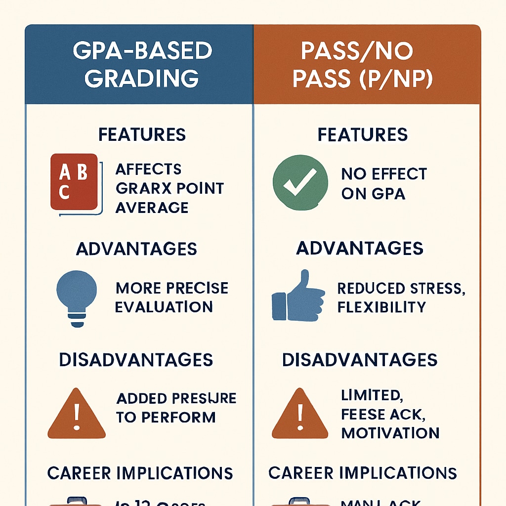 A chart comparing GPA-based grading and P/NP grading with career implications for each. Chart showing GPA and P/NP grading systems with career-related pros and cons