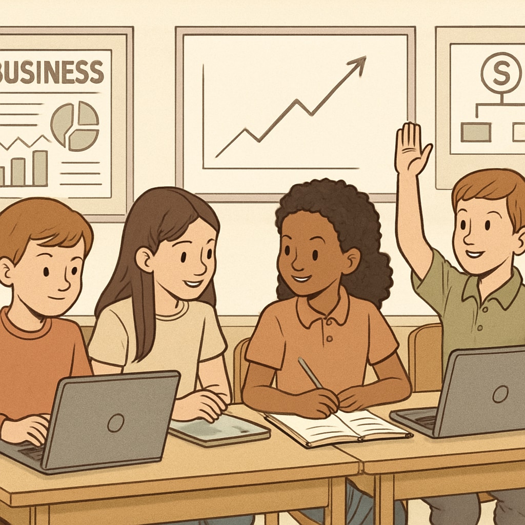 A group of children aged 8-14 actively participating in an online business education course, showcasing engagement and teamwork. Children engaging in an online business education course to foster creativity and teamwork.