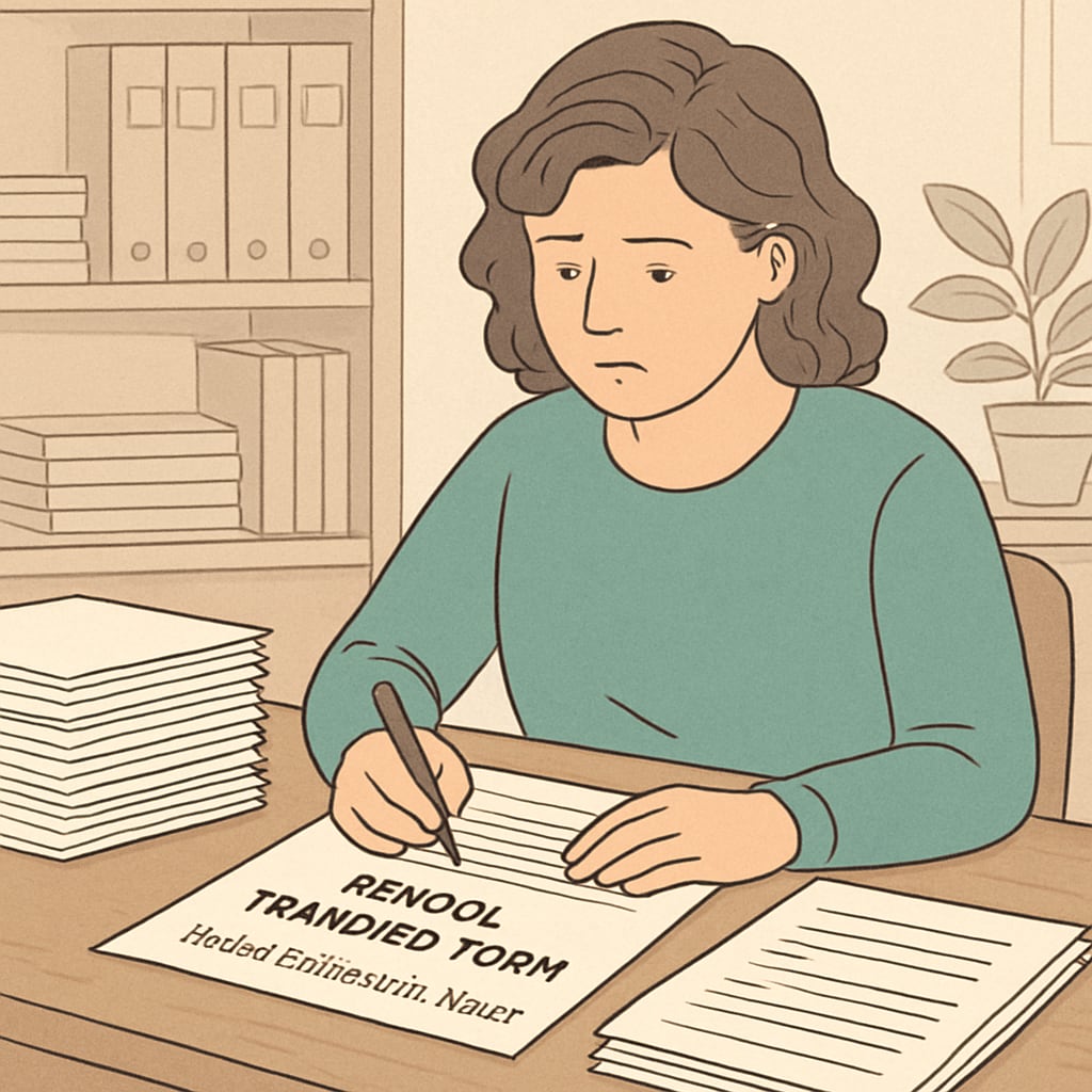 Parent completing school transfer forms for a special educational needs child.