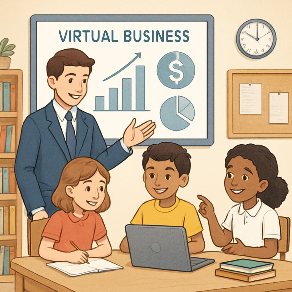 A high school student mentor guiding younger children through a virtual business project, highlighting peer-to-peer learning. High school mentor teaching children business concepts in a virtual setting.
