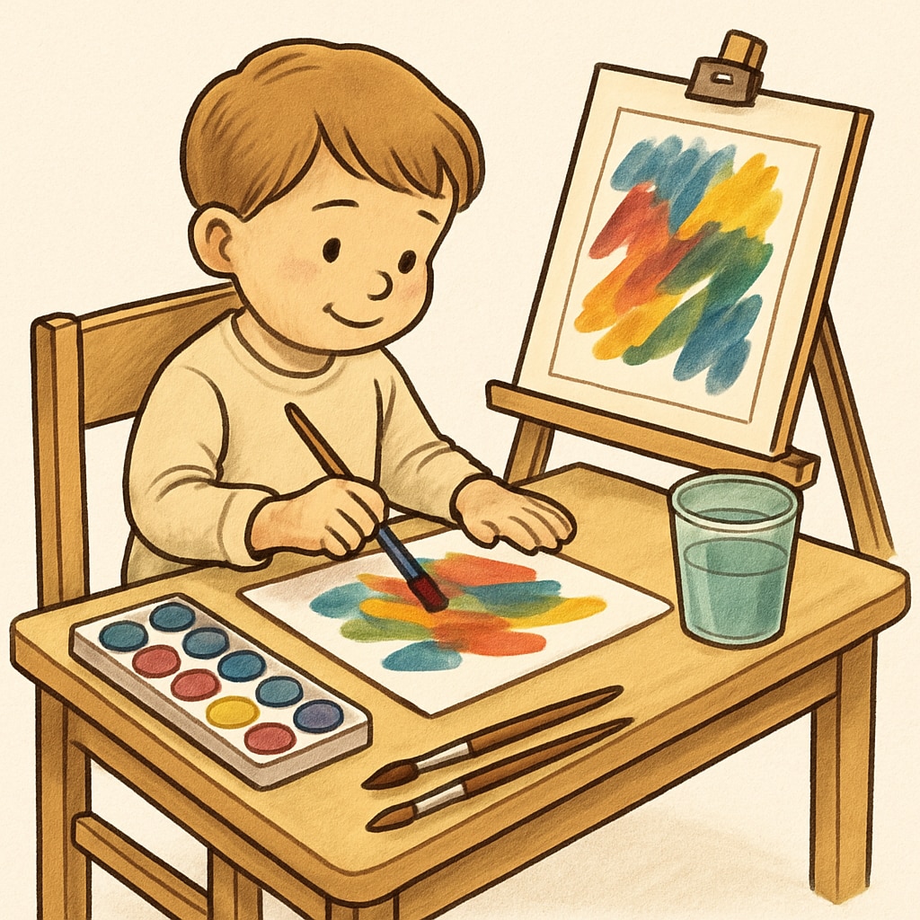 A young child painting with vibrant colors at a small art station, showcasing creativity and hands-on learning. A creative four-year-old exploring art at a painting station.