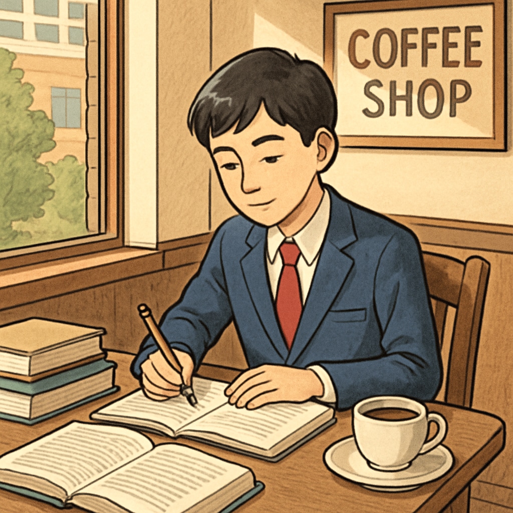 A high school student working at a coffee shop while studying during a break. The image reflects the theme of balancing work with academics. High school student balancing work and academics at a coffee shop