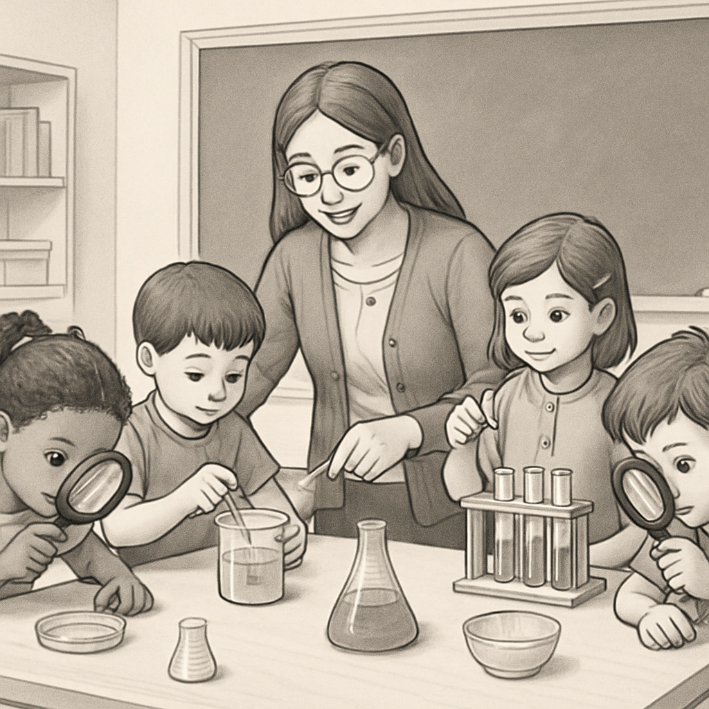 A group of young children engaging in hands-on science experiments with a teacher, emphasizing play-based learning. Children participating in creative science experiments with a teacher.
