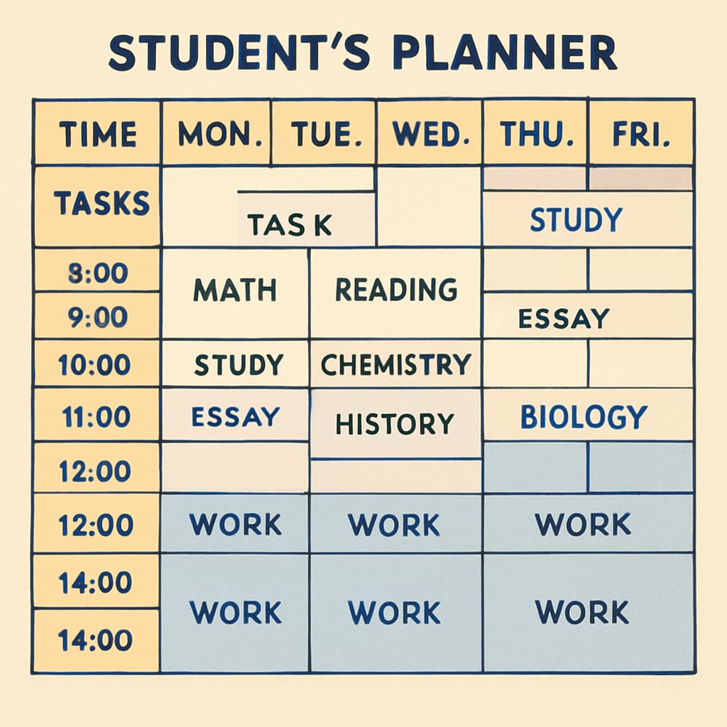 A student’s planner with academic tasks and work shifts neatly organized, illustrating effective time management. Planner showing balanced schedule for high school work and academics