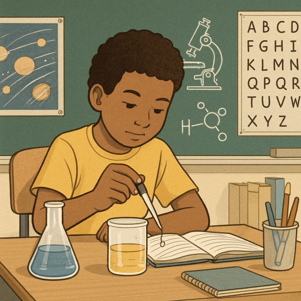 Young student conducting a science experiment in a classroom setting, symbolizing academic potential and personalized learning.