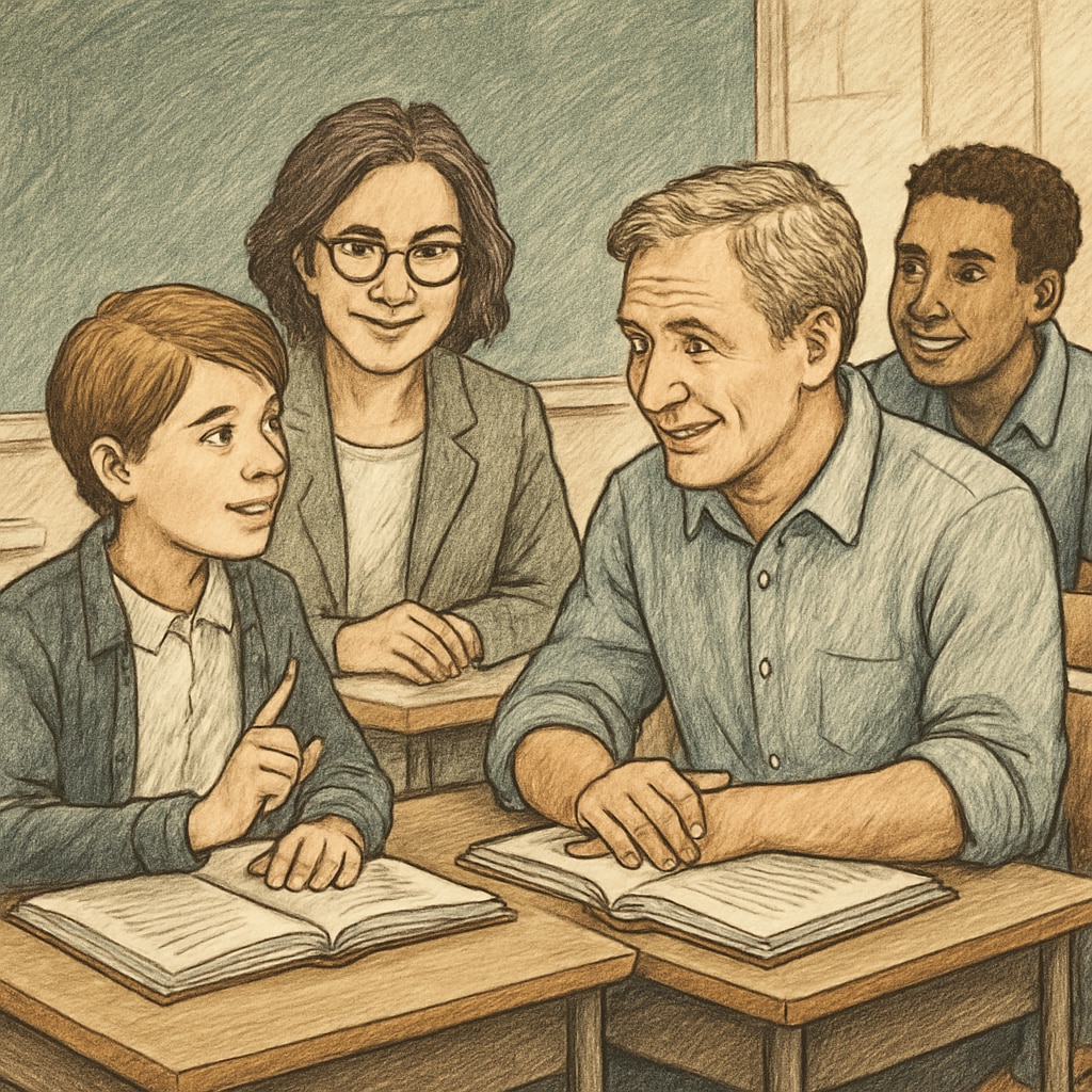 Young student communicating with older classmates, representing the social dynamics of skipping a grade.