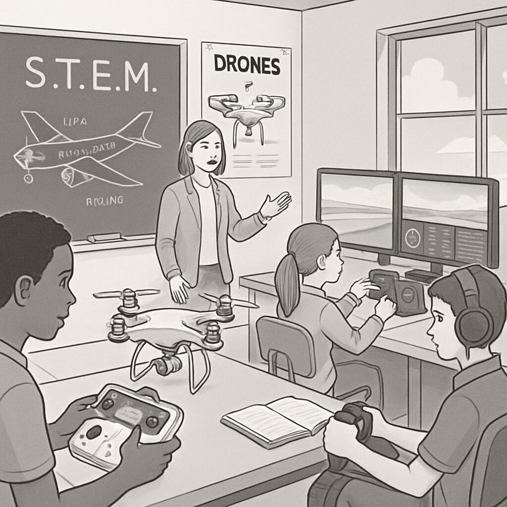 Students in a STEM aviation workshop exploring drones and flight simulators