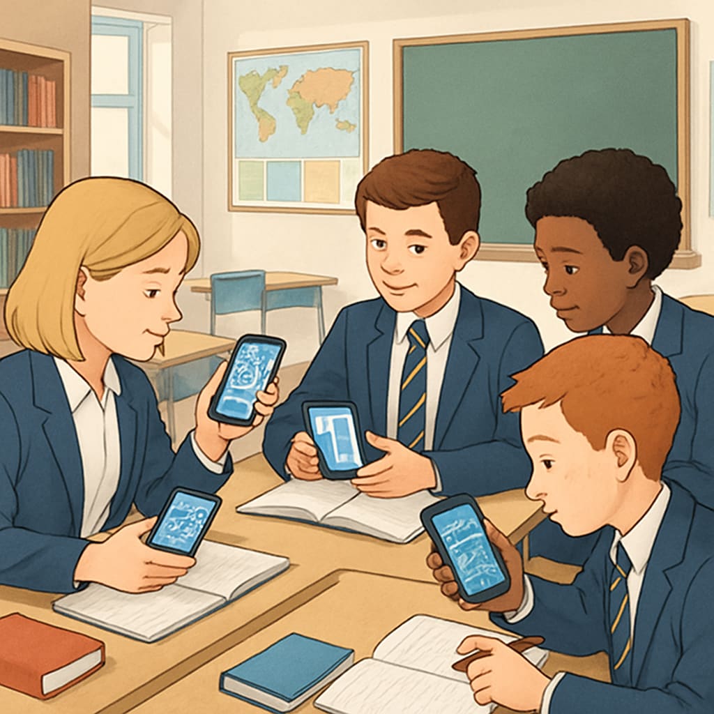 Private school students using cell phones for educational purposes.
