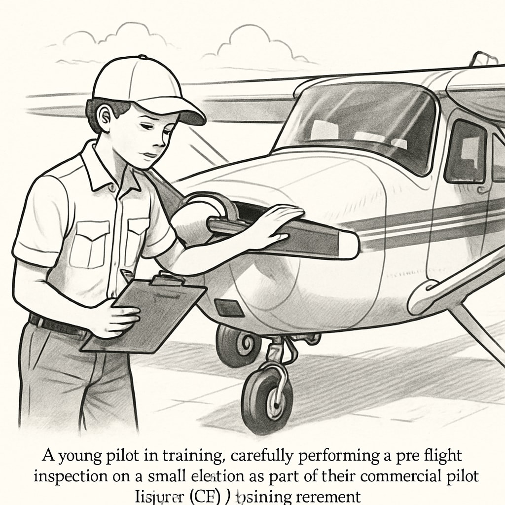 Pilot trainee performing pre-flight checks on a small aircraft during CPL training